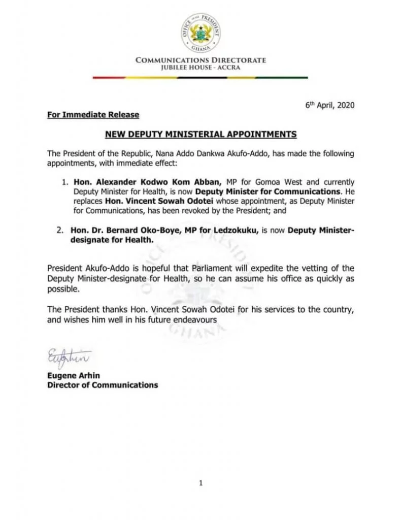 New Deputy Ministerial Appointments