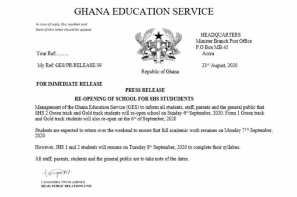 GES Finally Speaks On the Re-Opening SHS Schools On 6th September - [ISSUED STATEMENT]
