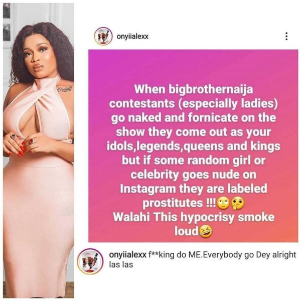 HYPOCRITES Actress Onyi Alex SLAMS Nigerians Who Celebrate BBNaija Stars For Fornicating On Live TV But Call Celebs Who Post Nudes Prostitutes scaled