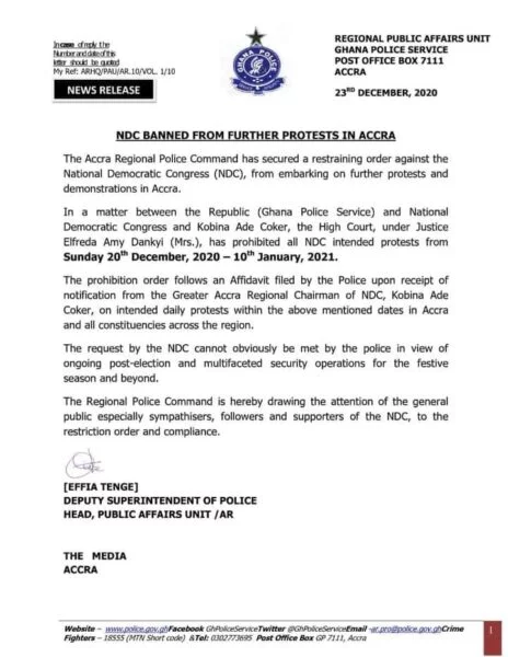 Document- NDC Banned From Further Protests In Accra