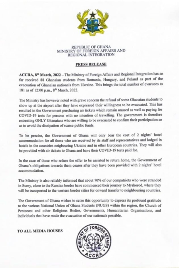181 Ghanaians evacuated from Ukraine so far – Foreign Affairs Ministry 1 181 ghanaians evacuated from ukraine so far foreign affairs ministry scaled