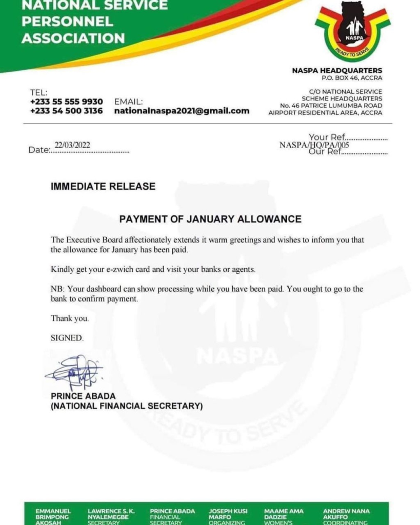 january allowance for nss personnel paid