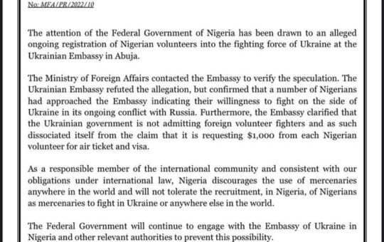 ukrainian embassy dispels claims of requesting 1000 from nigerian volunteers