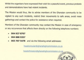 Avoid mass gatherings, restrict your movements to safe areas – Ghana’s Mission in SA to Ghanaians
