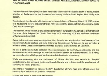 NPP directs party flags to fly at half-mast to mourn Philip Basoah