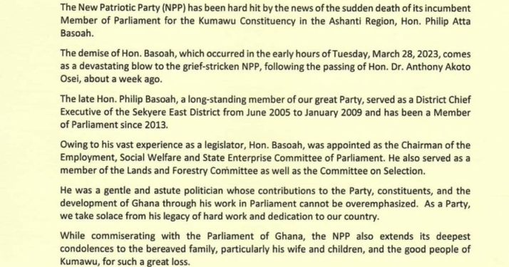 npp directs party flags to fly at half mast to mourn philip basoah