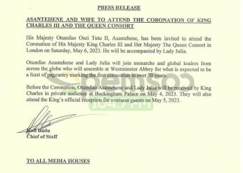 Asantehene and wife to attend King Charles III’s coronation on May 6