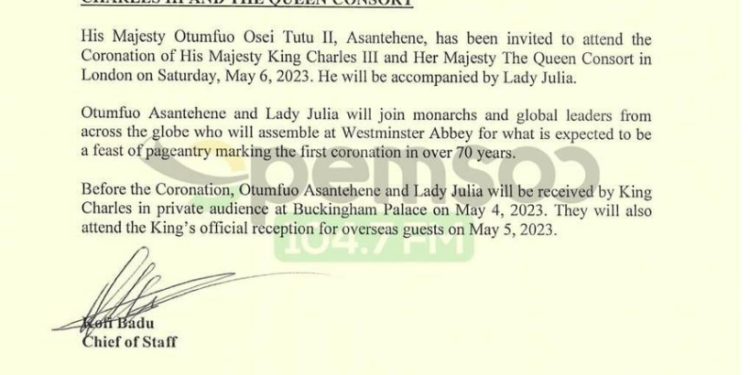 asantehene and wife to attend king charles iiis coronation on may 6