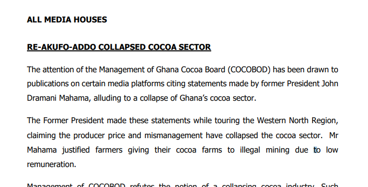 cocobod refutes mahamas claim cocoa industry is dying says ghana is worlds 2nd highest producer