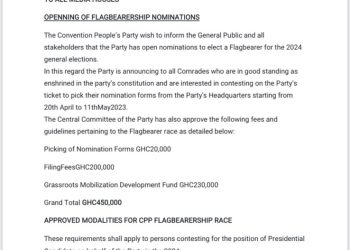 CPP opens nominations for flagbearer; aspirants to pay GH¢450k for successful application