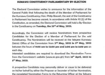 EC announces Tuesday, May 23 to hold Kumawu by-election