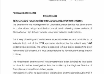 GHANASCO headmaster asked to step aside as GES investigates use of ‘toilet cubicles’ for accommodation