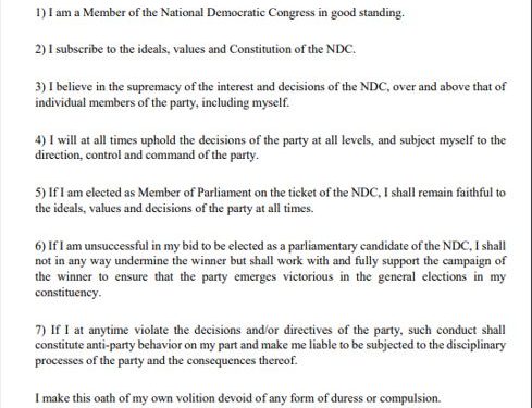 ndc parliamentary aspirants to sign oath of loyalty allegiance