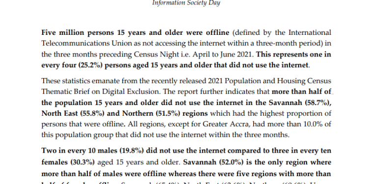 5 million persons 15 years and older were offline during census ghana statistical service