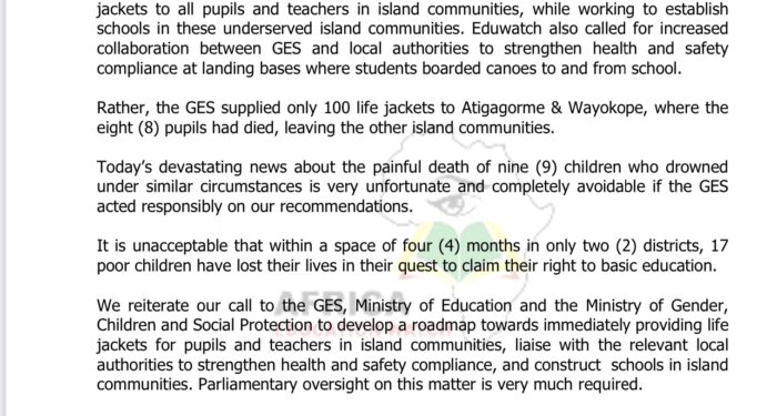 drowning of 9 pupils eduwatch blames ges education ministry for not providing life jackets