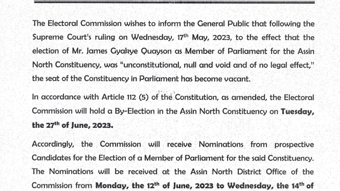 EC sets June 27 for Assin North by-election 1 ec sets june 27 for assin north by election
