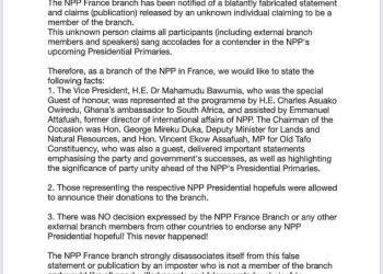 NPP France branch dismisses claims of singing accolades for a presidential contender