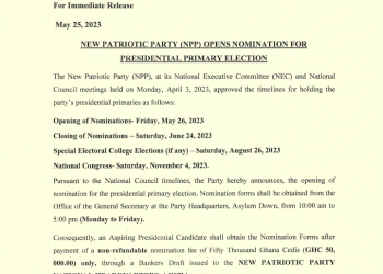 NPP opens nomination for presidential primary, aspirants to pay GHS50K