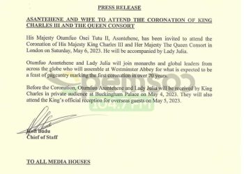 Otumfuo Osei Tutu II, wife depart to Coronation of King Charles III