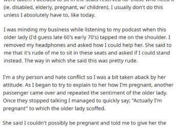 Pregnant woman refuses to give up her seat to old lady on train: Right or wrong?