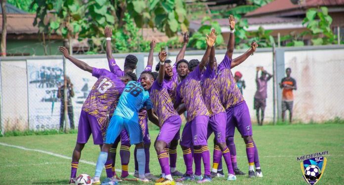 ruthless medeama hit hearts for five to go top of the league