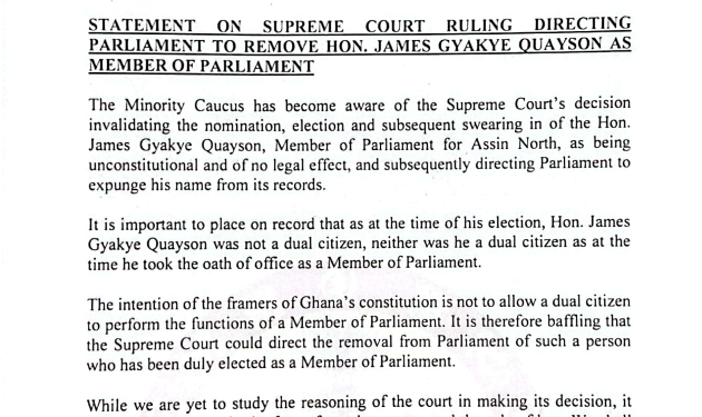supreme court ruling on gyakye quayson case baffling minority in parliament reacts