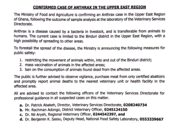 Agric Ministry confirms one case of Anthrax in Upper East region