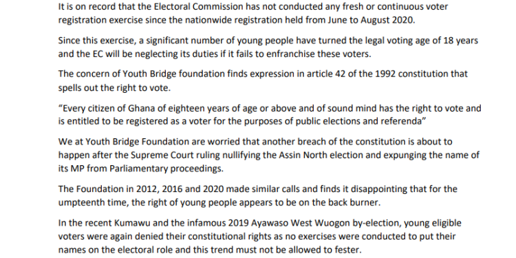 assin north by election many first time voters will be disenfranchised if youth bridge foundation