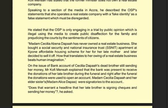 Cecilia Dapaah has never owned a real estate business – PA rubbishes claims by OSP 1 cecilia dapaah has never owned a real estate business pa rubbishes claims by osp