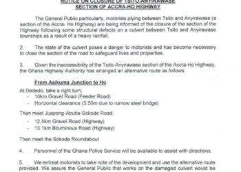 Tsito-Anyirawase section of Accra-Ho Highway closed