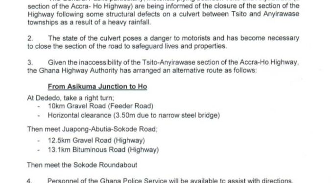 tsito anyirawase section of accra ho highway closed