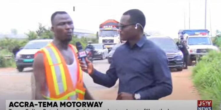 two ride hailing app drivers patch potholes on accra tema motorway