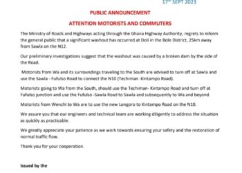 We’re working to repair the cut-off Sawla-Bole Highway – Ghana Highways Authority