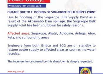 ECG announces power outage after flooding of Sogakope Bulk Supply point