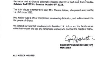 Ghana flags should fly at half-mast in honour of late Theresa Kufuor – Akufo-Addo