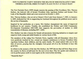 NPP flags to be flown at half-mast as party mourns Theresa Kufuor