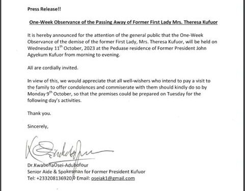 One-week observance for the late Theresa Kufuor to be held on Oct. 11 1 one week observance for the late theresa kufuor to be held on oct 11