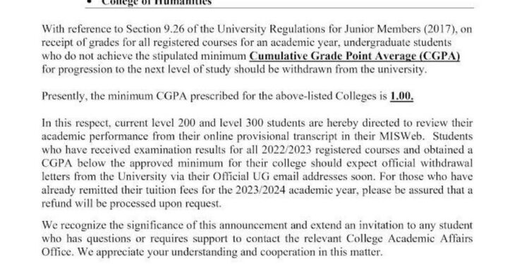 ug to withdraw students with cgpa below 1 00