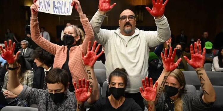 anti war protesters interrupt antony blinken at us senate hearing
