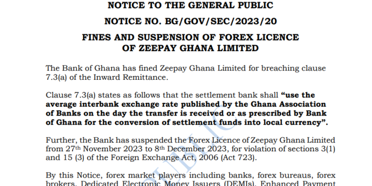 bog suspends fines zeepay for breaching forex rules