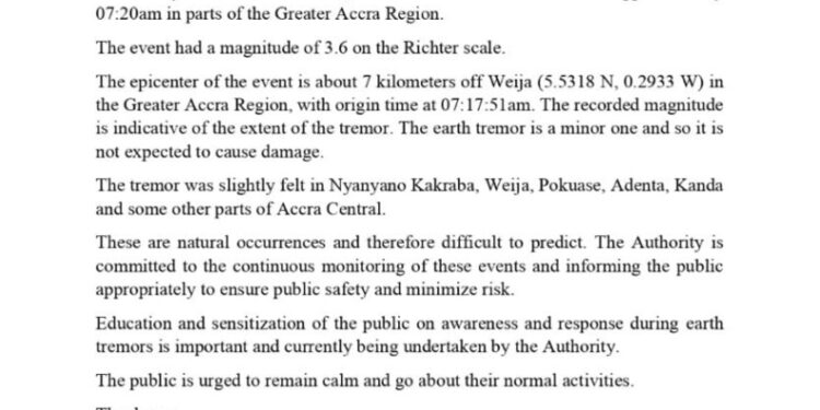 Earth tremor in Accra measured a magnitude of 3.6 1 earth tremor in accra measured a magnitude of 3 6