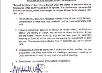 Ghana announces visa-on-arrival from December 1 to January 14