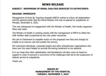 Korle Bu Renal Unit reopens; asks Parliament to swiftly approve new fees