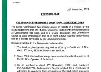 Lands Commission denies sale of Speaker of Parliament’s official residence