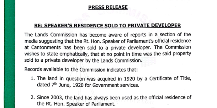 lands commission denies sale of speaker of parliaments official residence
