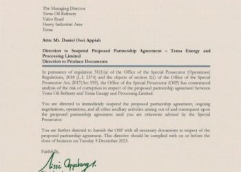 OSP orders TOR to suspend proposed partnership deal with Tema Energy Limited