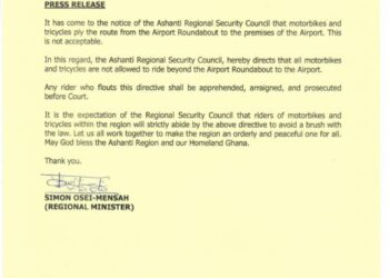Ashanti REGSEC bans motorbikes, tricycles near Kumasi Airport
