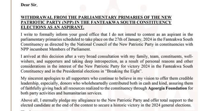 fanteakwa south constituency mp aspirant withdraws from npp parliamentary primaries