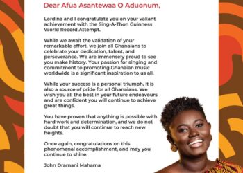 Mahama congratulates Afua Aduonum on her 126-hour Sing-A-Thon attempt