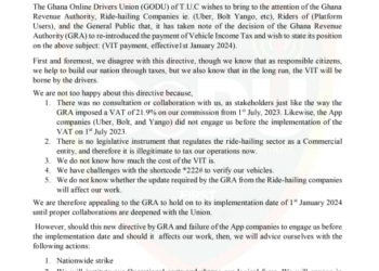 VIT Directive: Ride-hailing drivers threaten price negotiation, nationwide strike ahead of launch